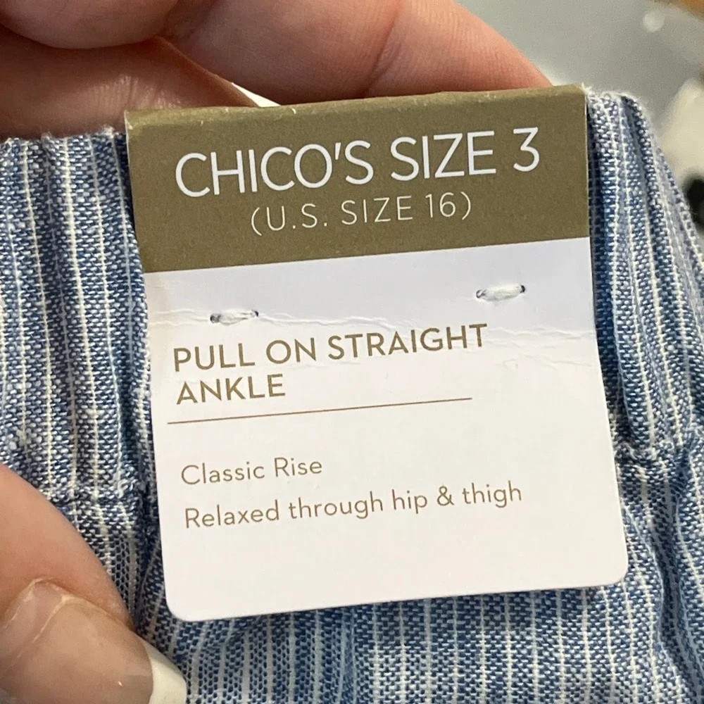 Chicos Pull On Straight Ankle Pant Women 16 Linen Blend Blue Stripe Eyelet Hem